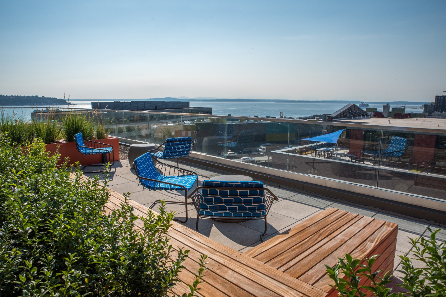 Rooftop seating area overlooking the water