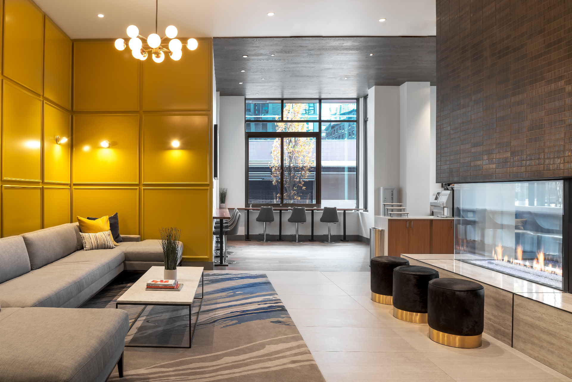 Lobby lounge with fireplace